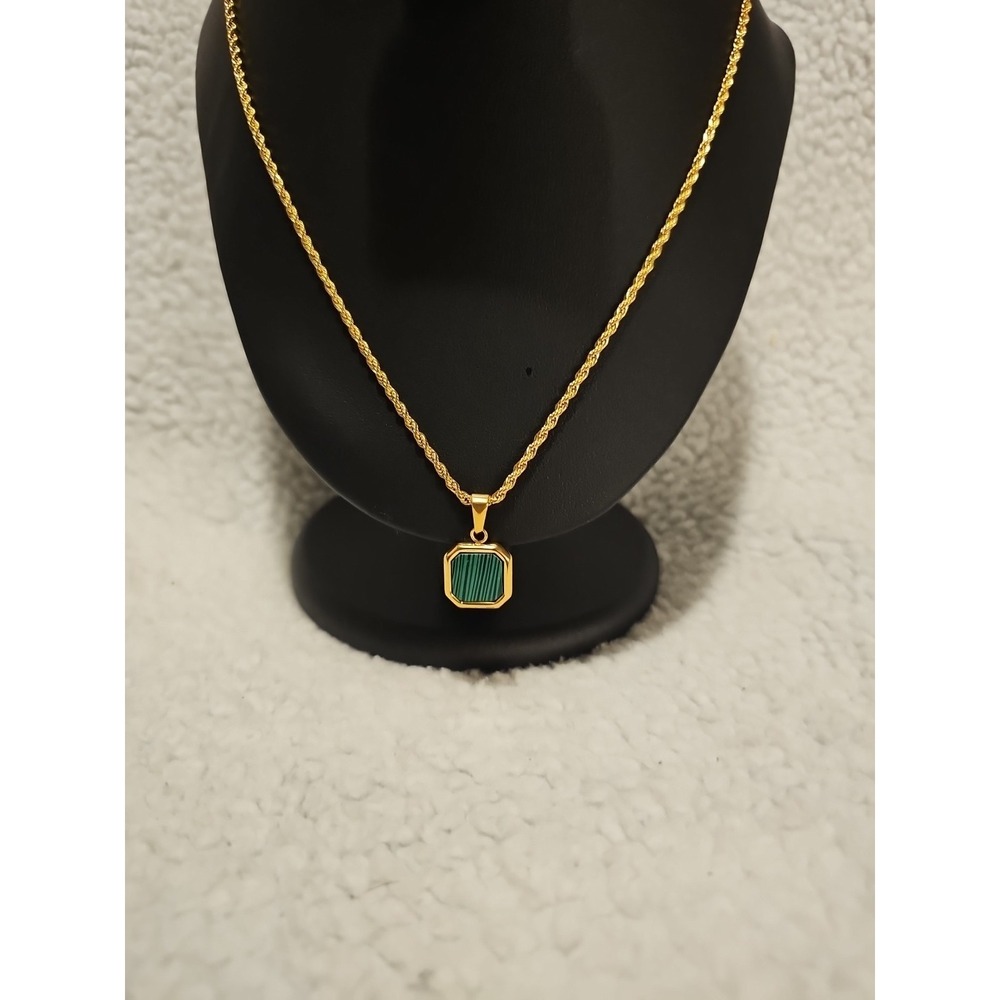 Gold Plated Green Malachite Pendant Necklace with 20 Inch 2mm Gold‎ Rope Chain - Picture 3 of 8